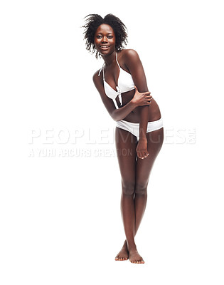 Buy stock photo Portrait, beauty and underwear with a model black woman in studio isolated on a white background. Bikini, skin and wellness with a sexy female posing to promote body positivity or natural care