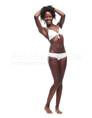 Buy stock photo Black woman, underwear and smile for body skincare, summer fitness exercise and skincare motivation. African model, happy and beauty wellness, body positivity and cosmetics dermatology in bikini