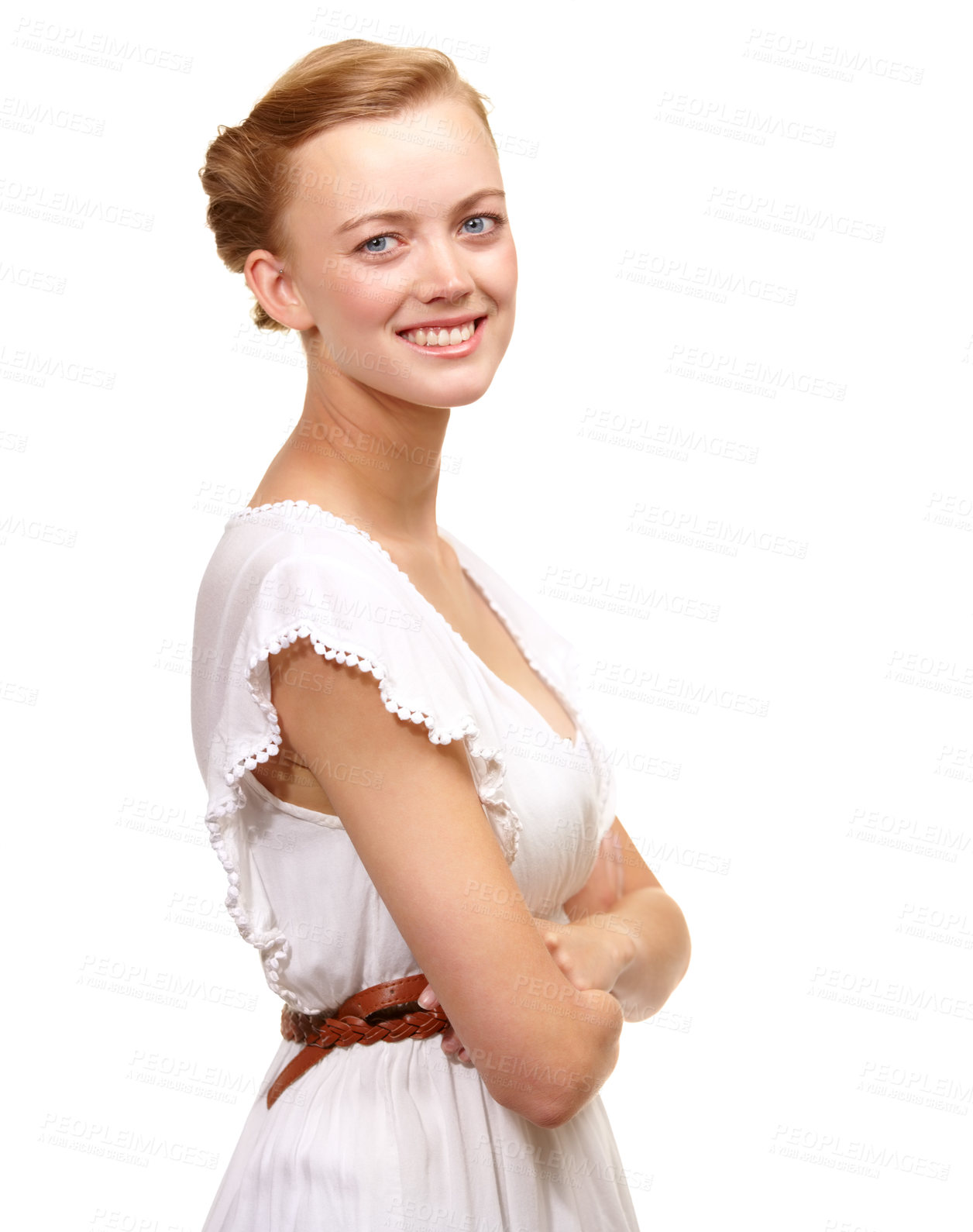 Buy stock photo Summer, dress and portrait with arms crossed and fashion model, style or confidence in white background or studio. Happy, face and woman with a smile for dressing trendy, outfit or simple gown