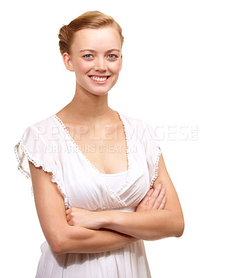 Buy stock photo Summer, fashion and portrait of model with arms crossed, confidence or style in white background or studio. Happy, face and teenager with a smile for dressing in trendy, outfit or simple gown