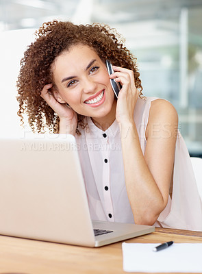 Buy stock photo Technology or communication, young businesswoman on phone call and laptop in office. Social networking, planning meeting and corporate female worker or manager on smartphone at workplace thinking