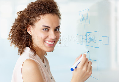 Buy stock photo Happy business woman, portrait and writing with smile for planning, schedule or company goals at the office. Female employee smiling for project plan, tasks or coaching on whiteboard at the workplace