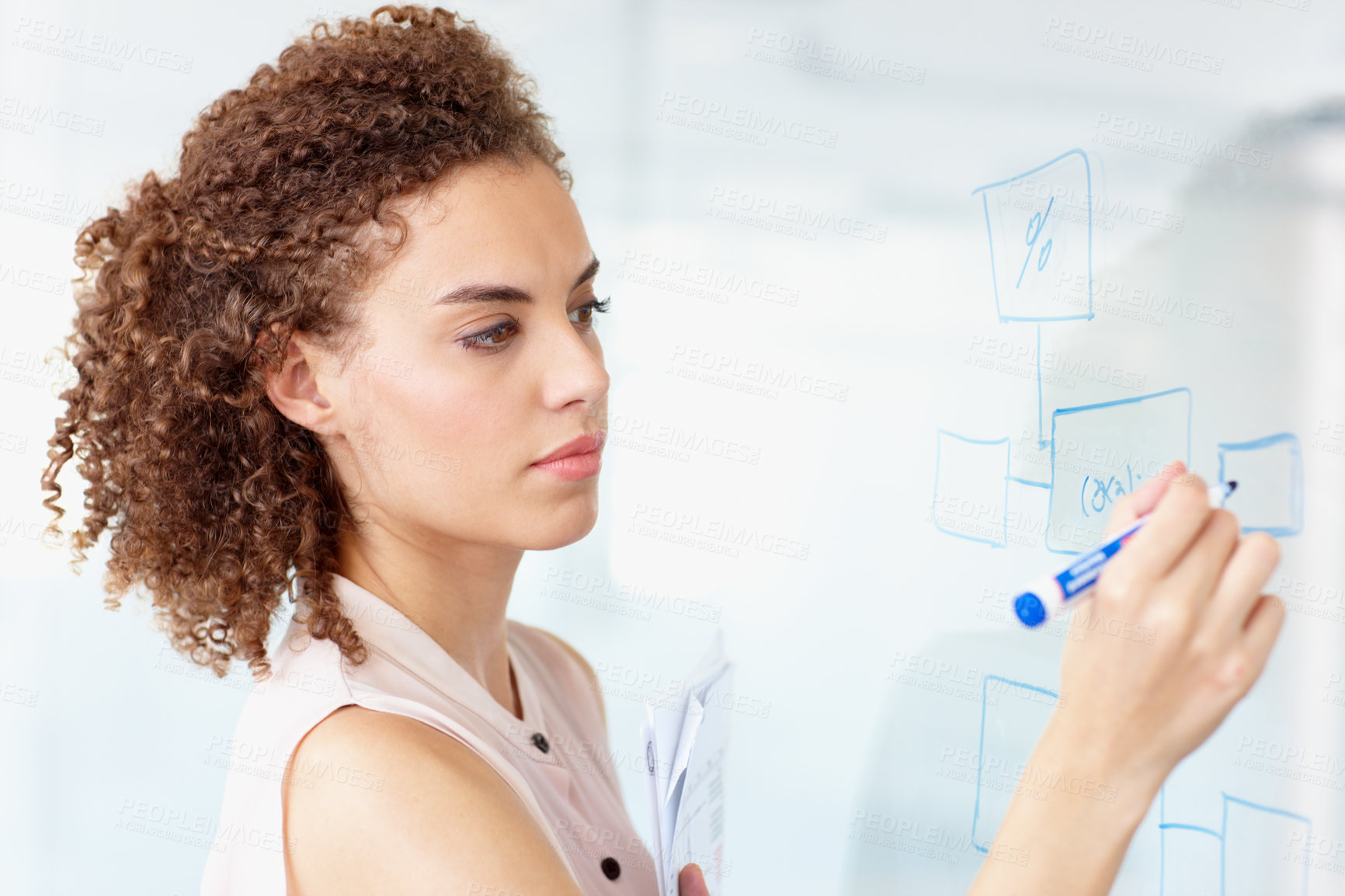 Buy stock photo Serious, business woman and writing in planning for schedule, brainstorming or strategy at the office. Focused female employee working on project plan, tasks or coaching on whiteboard at workplace