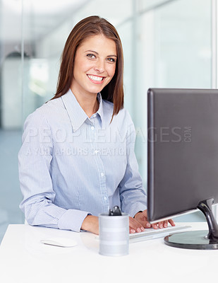 Buy stock photo Portrait, smile and business woman typing on computer in office workplace. Keyboard, female entrepreneur and happy person or professional from Canada with pride for career, job or company occupation.