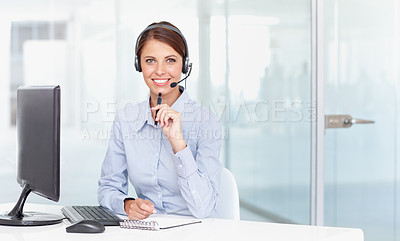 Buy stock photo Business woman, call center and smile in customer service, support or telemarketing at office. Portrait of happy female consultant agent smiling for online advice, advisory or help desk at workplace