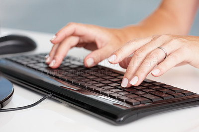 Buy stock photo Hands, typing and closeup of business woman on a computer in office for planning, research and email marketing. Keyboard, fingers and person online for management, proposal and review or report