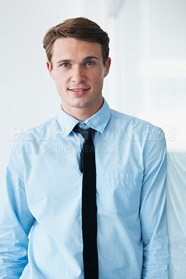 Buy stock photo Portrait, businessman and smile in office with pride for career, job or occupation. Professional, entrepreneur and male executive or person from Australia with confidence, proud and success mindset.