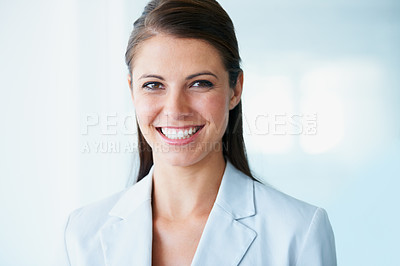 Buy stock photo Portrait, business woman and smile in office with pride for career, job or occupation. Professional, entrepreneur or face of female executive or person from Australia with confidence, proud or mockup