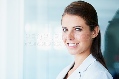 Buy stock photo Face, business woman and happy in office with pride for career or job. Professional, entrepreneur or portrait of female executive or person from Australia with confidence, proud or mockup space