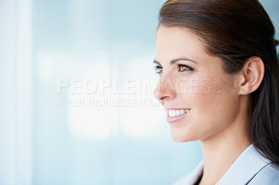 Buy stock photo Corporate, face of businesswoman thinking and mockup at modern office with space. Professional business person, young entrepreneur and female worker with smile for confidence or pride at workplace
