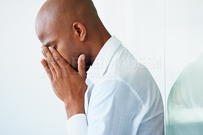 Buy stock photo Business, depression and black man crying in office, problem or stress on mockup. Sad, depressed and male professional with fatigue, tired or burnout, anxiety or mental health after fail in workplace
