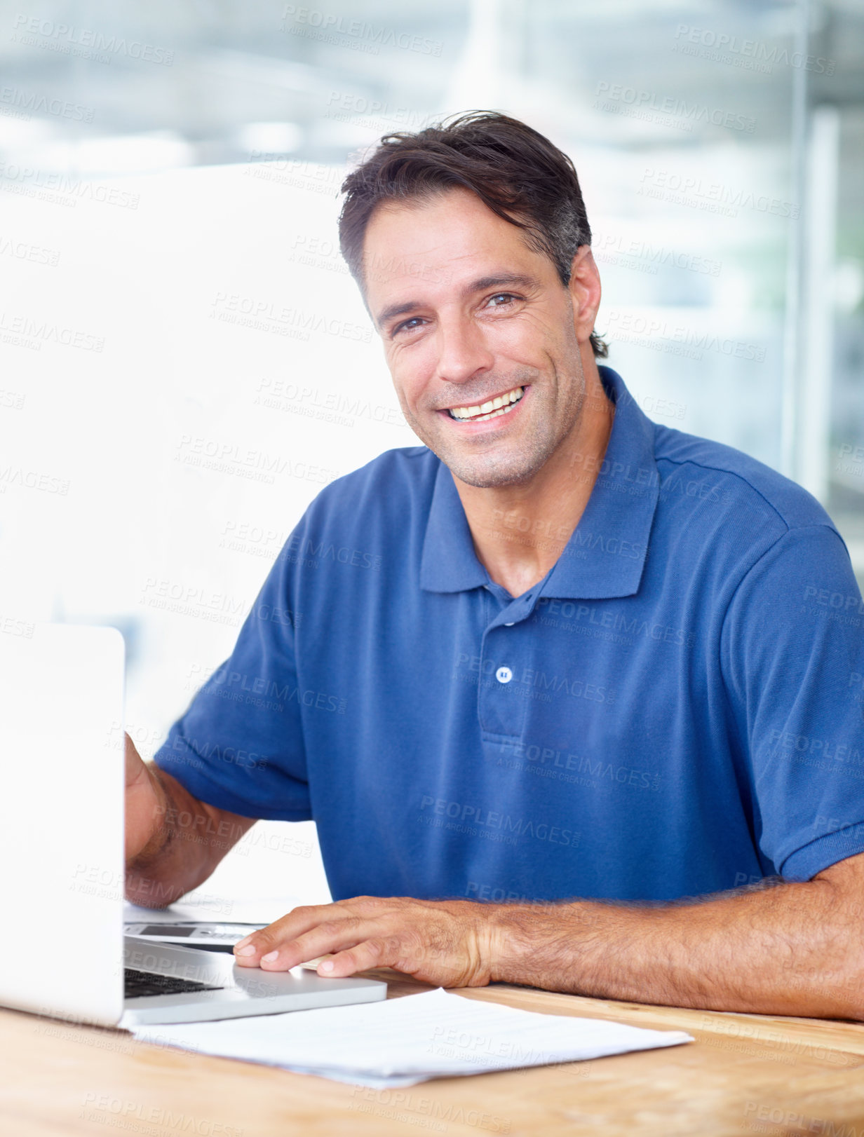 Buy stock photo Portrait, happy man and laptop in modern office for startup for profession, career or choice with job. Mature person, entrepreneur and business in digital marketing with technology, computer and web