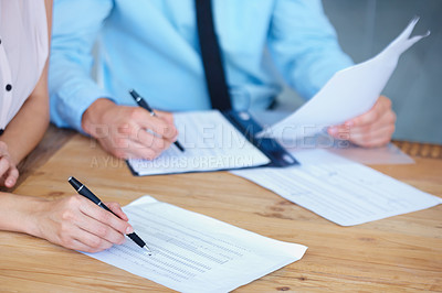Buy stock photo Business people, hands and writing on financial documents in accounting or budget expenses on office desk. Auditor working on finance report in team collaboration or audit with spreadsheet on table