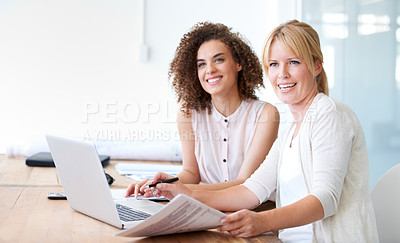 Buy stock photo Accounting women, laptop and team with paperwork while talking in office for audit or collaboration.  Female employees together with positive mindset, internet and finance documents in a meeting