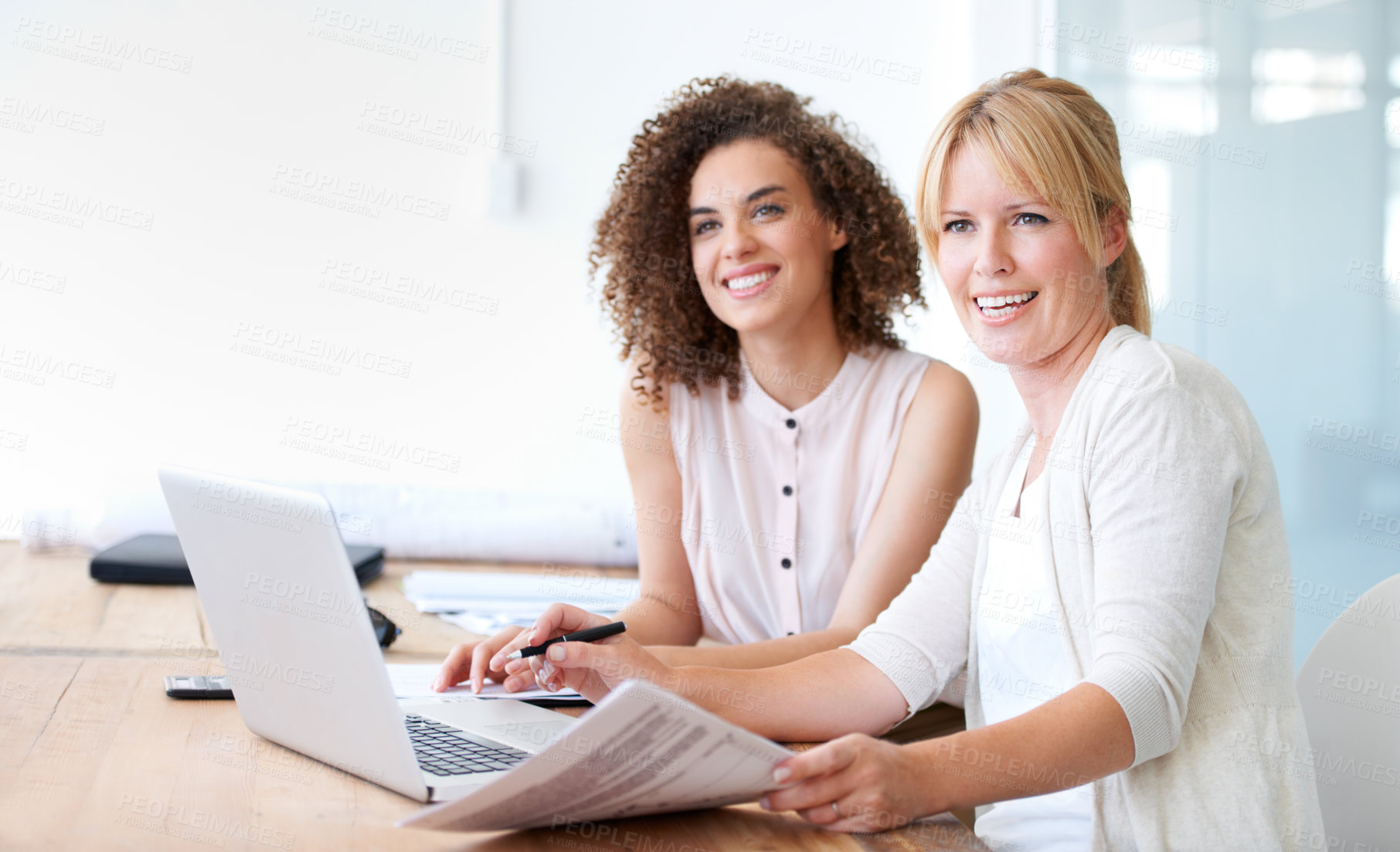 Buy stock photo Accounting women, laptop and team with paperwork while talking in office for audit or collaboration.  Female employees together with positive mindset, internet and finance documents in a meeting