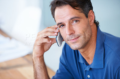 Buy stock photo Portrait, business and man with phone call, connection and conversation for planning, confident and talking. Face, mature male employee and entrepreneur with smartphone, network and communication
