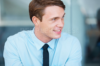 Buy stock photo Business man, smile and confidence in office, positive mindset and proud of career at work. Happy male person, thinking and idea for company, vision and motivation in office, entrepreneur and startup