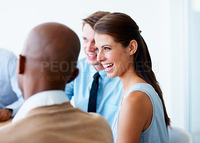 Buy stock photo Businesswoman, laugh and team in a meeting in the office in discussion and speaking about a funny joke. Collaboration, teamwork and professional employees working on company project in the workplace.