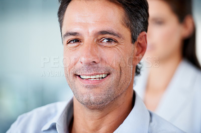 Buy stock photo Face, smile and business man in office with pride for career, job or occupation. Professional, male entrepreneur and portrait of happy executive, mature boss or person from Australia in workplace.