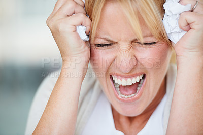 Buy stock photo Stress, screaming and frustrated woman with crumpled papers in business office. Burnout, shouting and closeup of female person with depression, headache or anxiety, nervous breakdown or anger at work