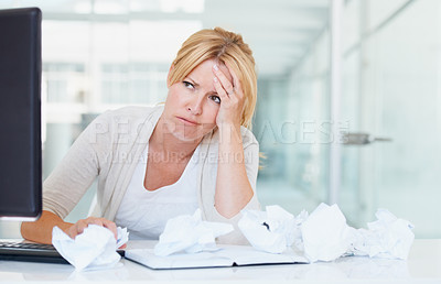 Buy stock photo Stress, thinking and frustrated woman with crumpled papers on her desk in business office. Burnout, idea and female professional with lack of creativity, depression and fatigue, tired and brain fog.