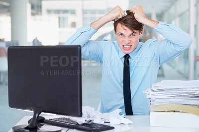 Buy stock photo Portrait, stress or pulling hair with a businessman in an office, feeling anger while working on a problem or crisis. Audit, tax and compliance with a young employee suffering from burnout at work