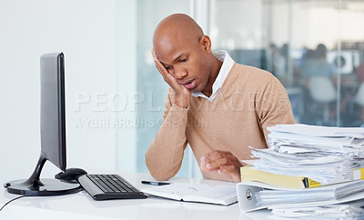 Buy stock photo Business stress, pile of paperwork and black man overworked, exhausted and tired in office. Burnout, stack of documents and male worker with depression, fatigue and overwhelmed in workplace.