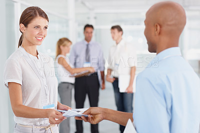 Buy stock photo Business, staff and black man with woman, documents and information with a pamphlet, open day and flyer. Female employee, male consultant and coworkers with paperwork, internship and partnership
