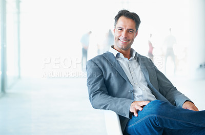 Buy stock photo Portrait, smile and business man on chair in office with pride for career or job on mockup. Professional, male entrepreneur and happy executive, mature ceo or person from Canada sitting in workplace.