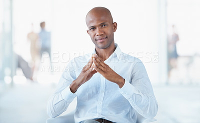 Buy stock photo Portrait, business and serious black man on chair in office with pride for career, job or occupation. Professional, male entrepreneur and confident African person from Nigeria sitting in workplace.