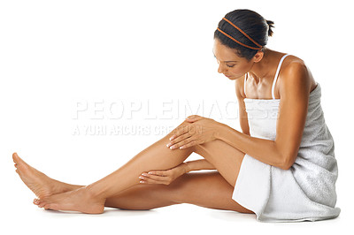 Buy stock photo Skin care, legs and beauty woman in studio for self care, body wellness or cosmetics marketing mockup. Aesthetic, dermatology and sexy woman or skincare model with hair removal advertising on mock up