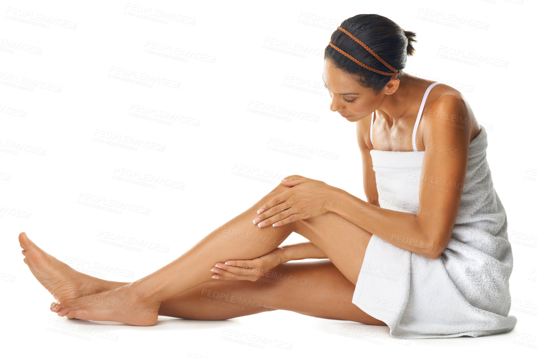 Buy stock photo Skin care, legs and beauty woman in studio for self care, body wellness or cosmetics marketing mockup. Aesthetic, dermatology and sexy woman or skincare model with hair removal advertising on mock up