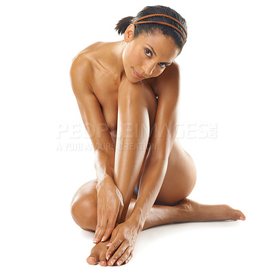Buy stock photo Legs, beauty portrait and naked woman in studio for natural, nude glow and cosmetics promotion in mockup. Body shine, manicure and pedicure of model for skin care, dermatology and luxury spa results