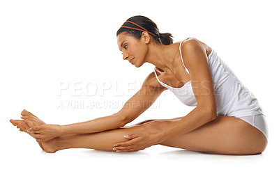Buy stock photo Floor, legs and beauty woman in studio for skincare, cosmetics wellness or self care marketing. Dermatology, aesthetic and luxury skin care model with manicure and pedicure results on mock up
