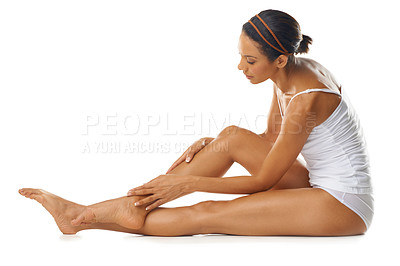 Buy stock photo Beauty, legs and skincare woman in studio for cosmetics, spa beauty or self care marketing mockup. Dermatology, aesthetic and luxury skin care model with hair removal results on advertising mock up