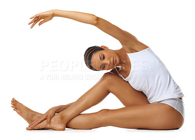 Buy stock photo Stretching arms, yoga and woman training for body exercise on a white background in studio. Fitness start, ballet focus and athlete with a warm up during a pilates workout on a studio background
