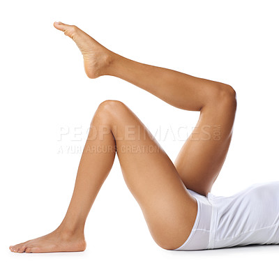 Buy stock photo Skincare, woman or dermatology for legs, cosmetics or wellness for grooming routine on studio background. Lady, female or natural beauty for leg, feet or luxury spa treatment for smooth or clear skin