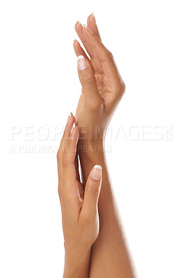 Buy stock photo Woman hands, manicure and skincare dermatology wellness, cosmetics skin care and salon nails treatment in white background. Hand model, luxury cosmetics and palm body care or self care un studio 