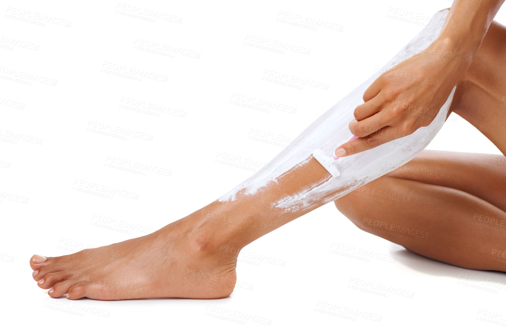 Buy stock photo Skincare, razor and cream on legs of girl shaving for cosmetic beauty, hair removal and self care. Hygiene, grooming and aesthetic shave of wellness girl with white studio mockup for advertising

