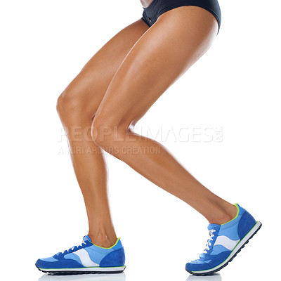 Buy stock photo Woman skin, legs and sneakers for fitness, runner with exercise and running against white background. Cardio, health and wellness with shoes for run, active female athlete with sports motivation