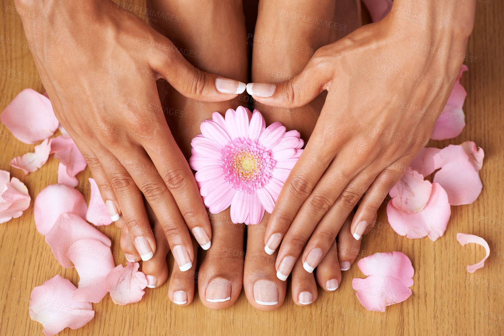 Buy stock photo Salon girl and hands with flower on feet for luxury cosmetic treatment with manicure and pedicure nails zoom. Healthy skincare of black woman with daisy and petals for beauty, spa and wellness.

