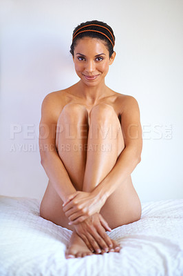 Buy stock photo Self love, skincare and portrait of a woman on a bed for beauty, cosmetics and calm body. Smile, skin care and dermatology model marketing self care, skin grooming and smooth skin in a bedroom