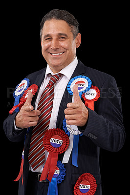 Buy stock photo Man, vote and finger gun with ribbon, usa and politician for support, politics and dark background. Elections, patriotic and representative for party, registration and democracy for voting register 
