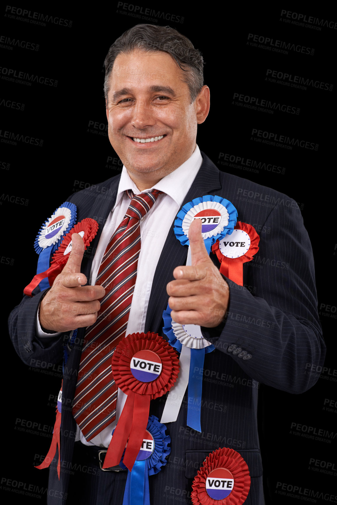 Buy stock photo Man, vote and finger gun with ribbon, usa and politician for support, politics and dark background. Elections, patriotic and representative for party, registration and democracy for voting register 
