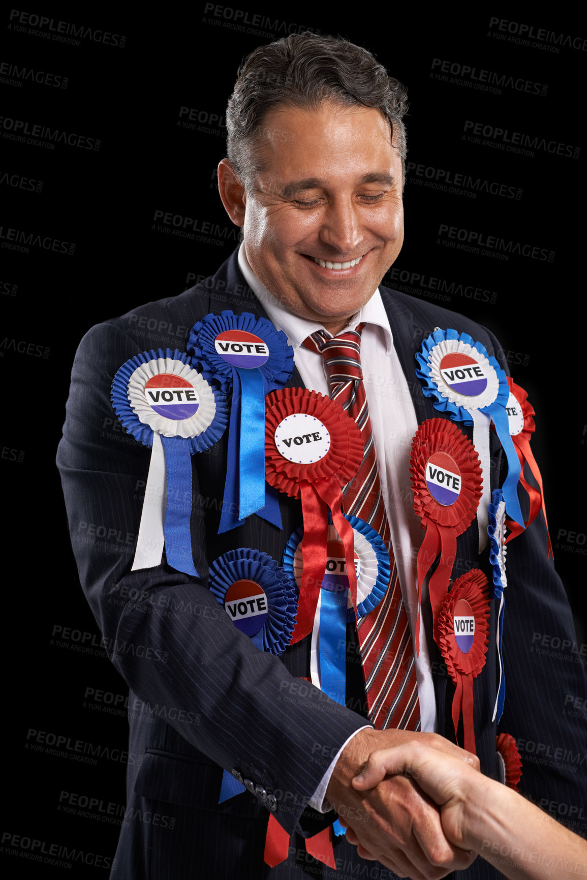 Buy stock photo Man, vote and handshake with ribbon, happy and politician for support, government and politics. Elections, voter choice and representative for party, registration and democracy for voting register 
