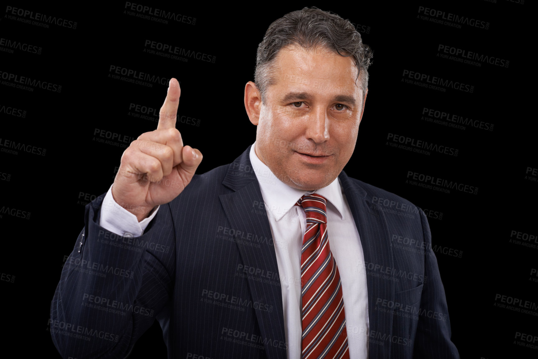 Buy stock photo Pointing up, business and man with promotion, portrait and professional on dark studio background. Mature person, mockup space or entrepreneur with a decision, choice or announcement with opportunity
