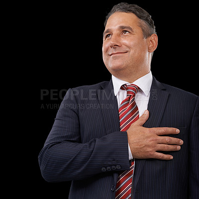 Buy stock photo Politician, hand on chest and man with thinking, business and promotion on a dark studio background. Mature person, model and government official with confidence, opportunity and formal with politics