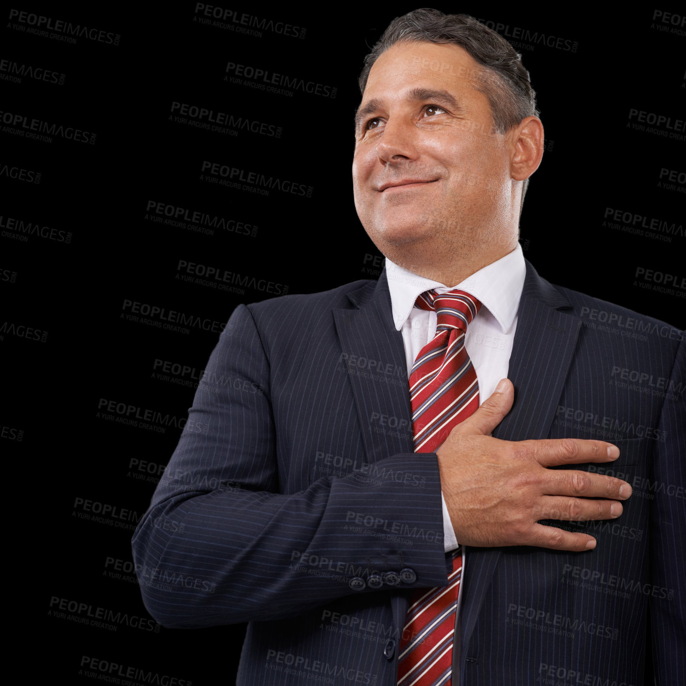 Buy stock photo Politician, hand on chest and man with thinking, business and promotion on a dark studio background. Mature person, model and government official with confidence, opportunity and formal with politics