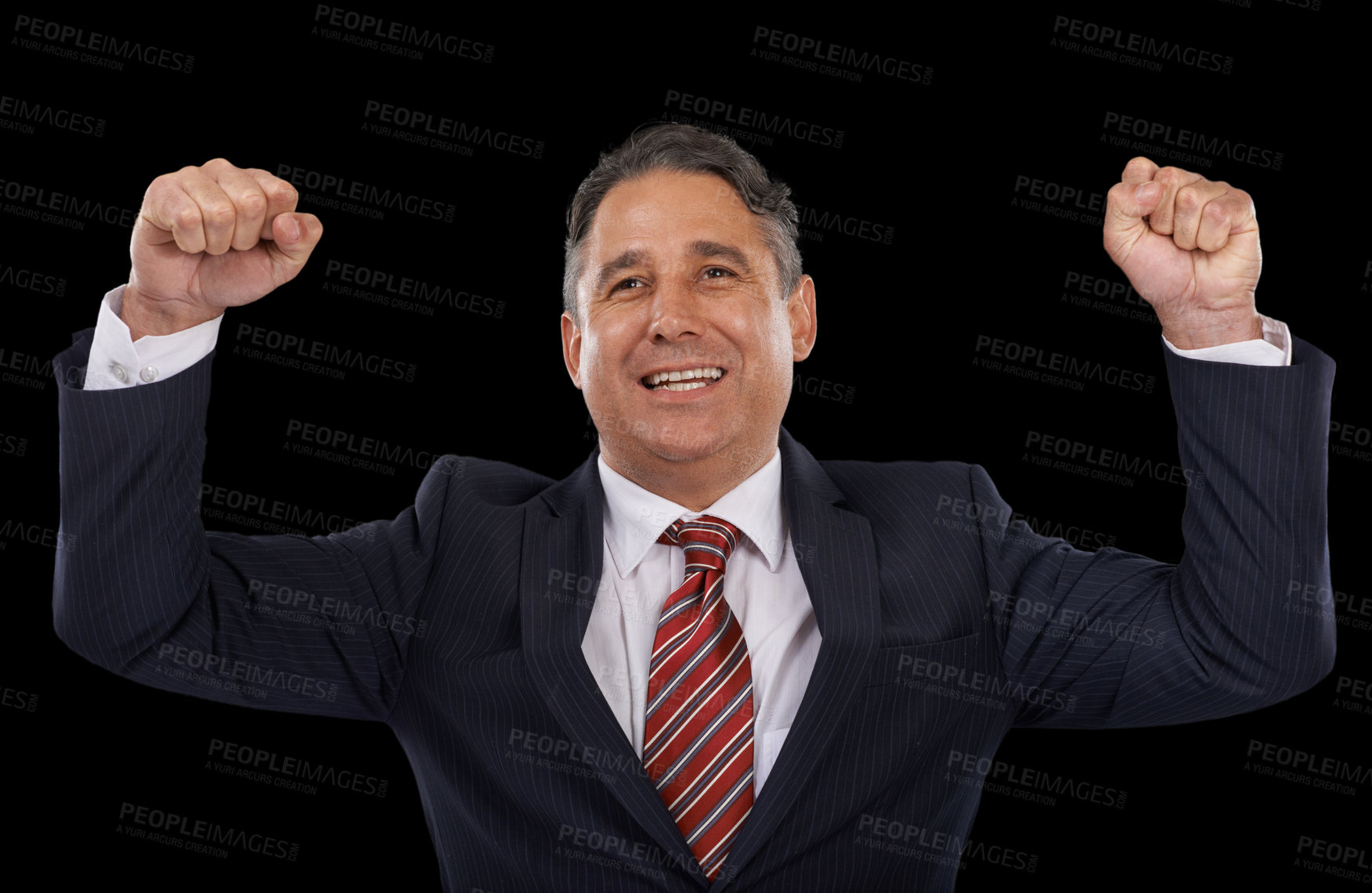 Buy stock photo Business man, winner and power or yes for success, celebration and winning, achievement or goals in studio. Professional boss or mature person in suit with fist for motivation on a black background