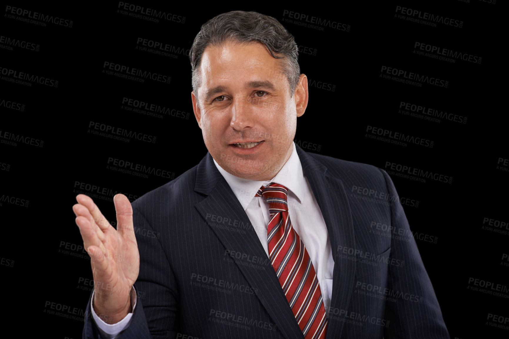 Buy stock photo A serious man in a suit gesturing with his hand while speaking